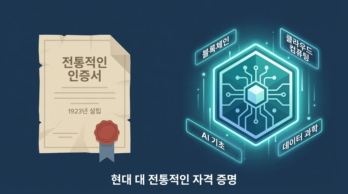 수료증과 디지털배지를 혼동하는 대학의 인식 오류를 보여주는 도입부 일러스트