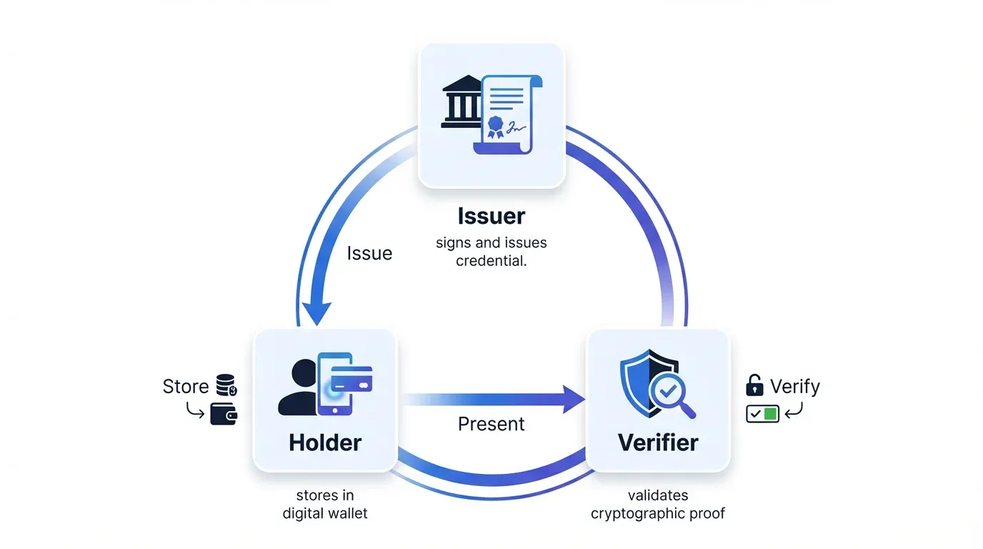 발급자, 보유자, 검증자로 이어지는 W3C Verifiable Credentials 3자 구조 다이어그램