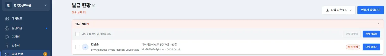 발급 현황 상단의 발급 실패 패널, 전체 재발송·선택 재발송·다시 보내기