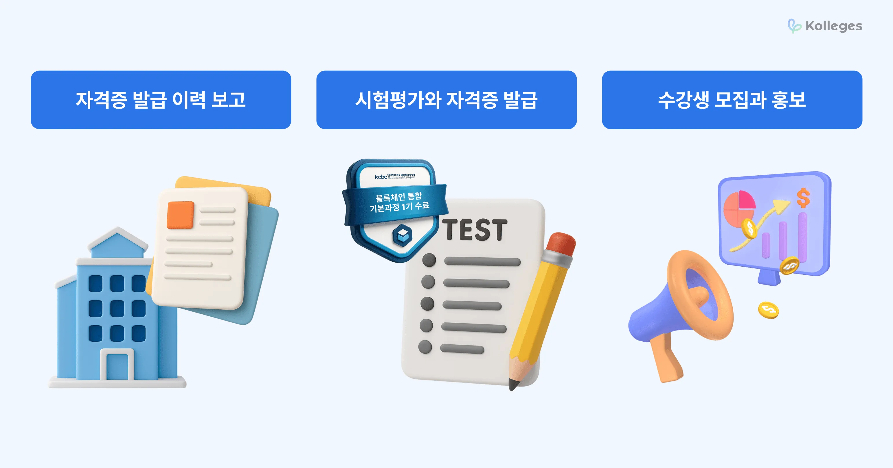 발급 이력 보고, 시험 평가, 수강생 모집 등 민간자격증 운영의 3가지 큰 과제