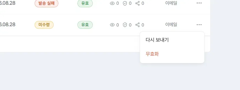 발급 현황 행의 "⋯" 메뉴, 다시 보내기와 무효화