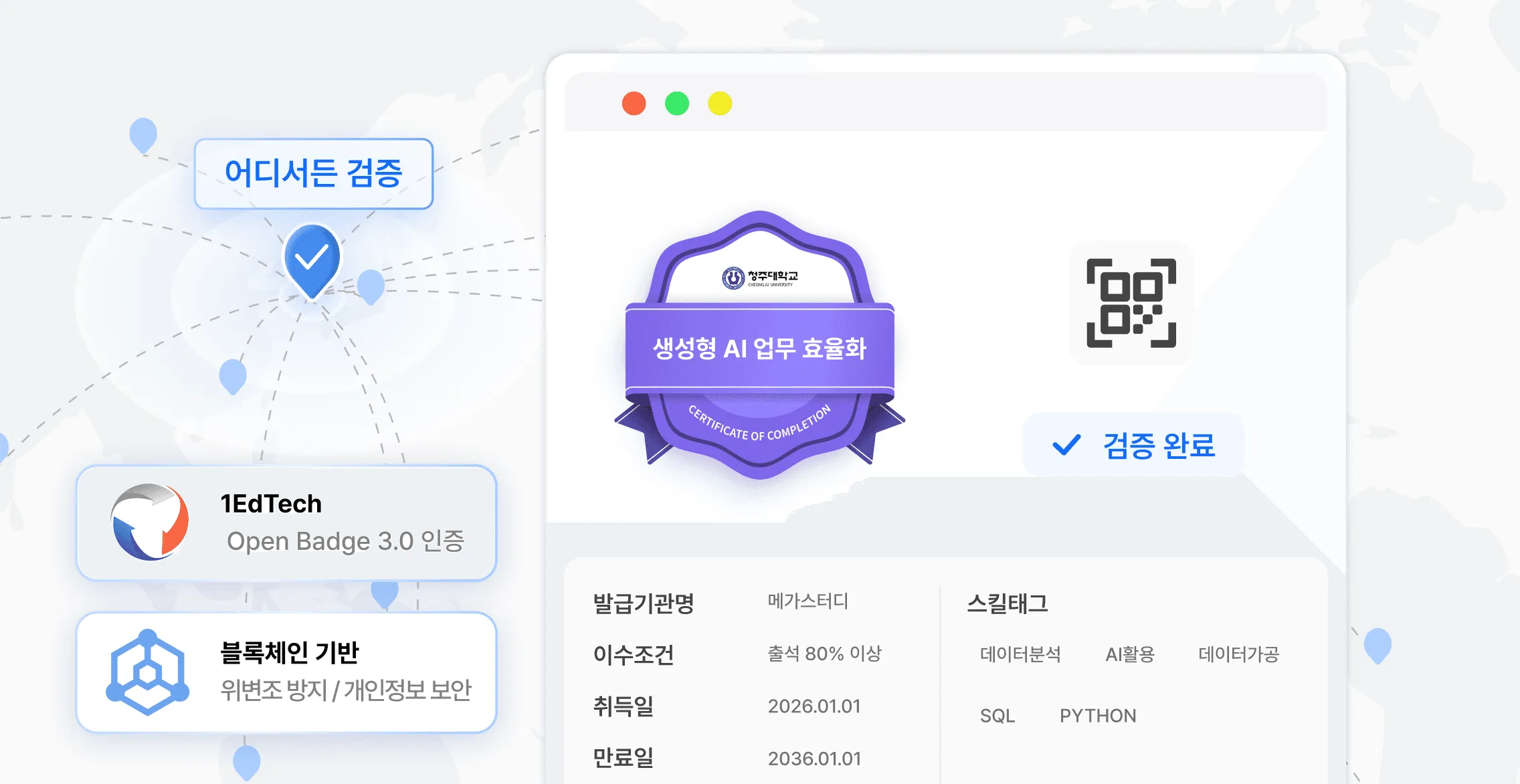 Open Badges 등 표준의 글로벌 확산과 AI 학습 데이터 연결을 나타낸 이미지