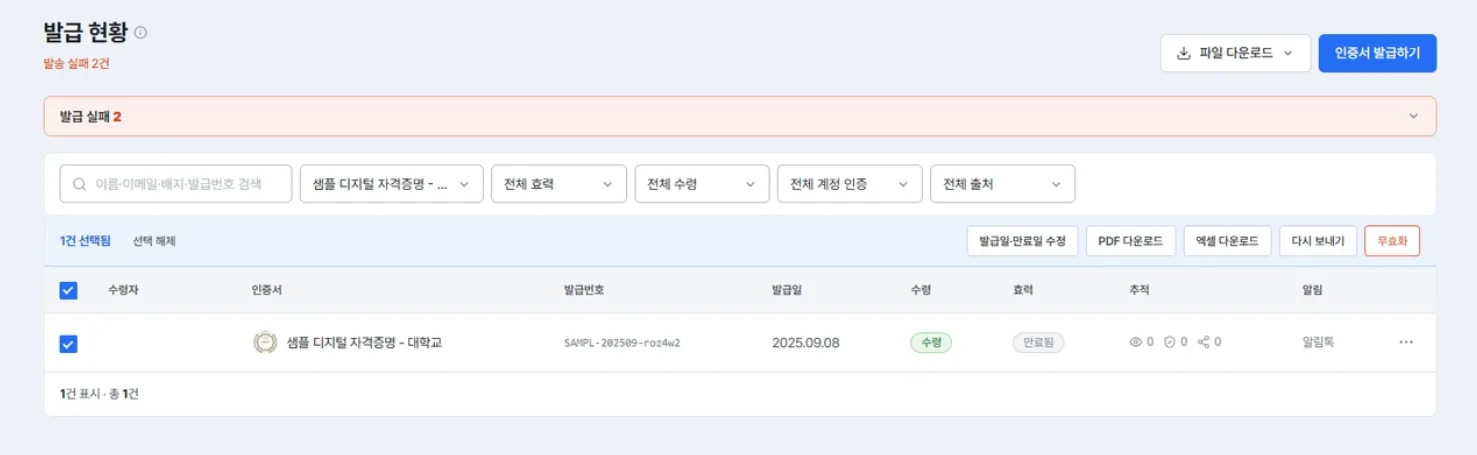 수령과 효력을 두 축으로 표시하는 발급 현황 표와 여러 건을 한 번에 처리하는 대량 작업 버튼