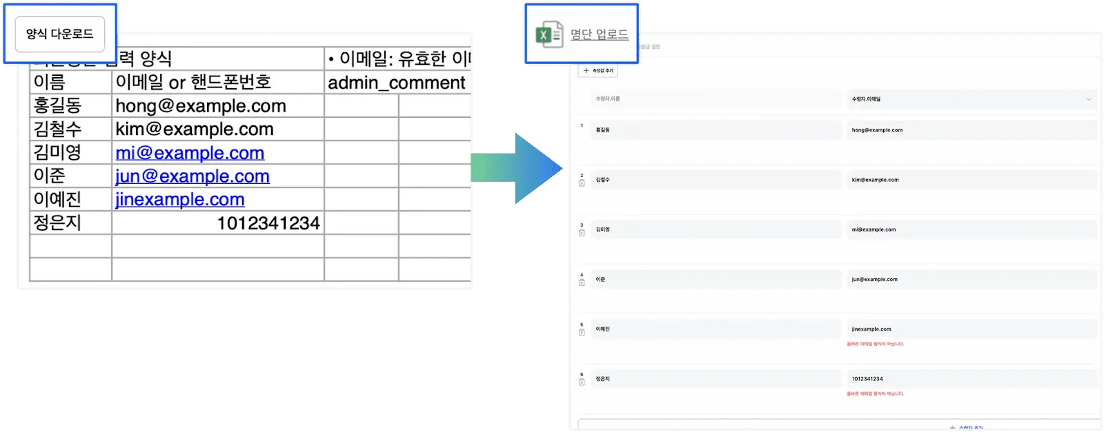 엑셀 양식을 다운로드해 명단을 대량 업로드하는 화면