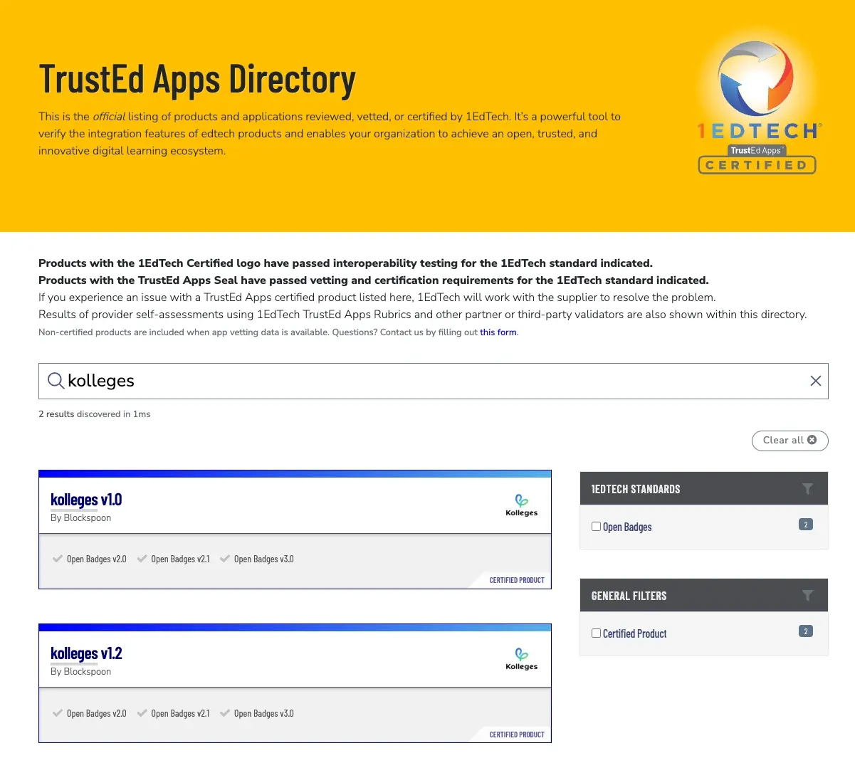 1EdTech TrustEd Apps Directory의 칼리지스 검색 결과 화면