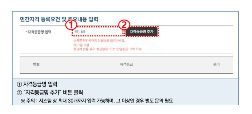 자격 등급명을 입력하는 화면