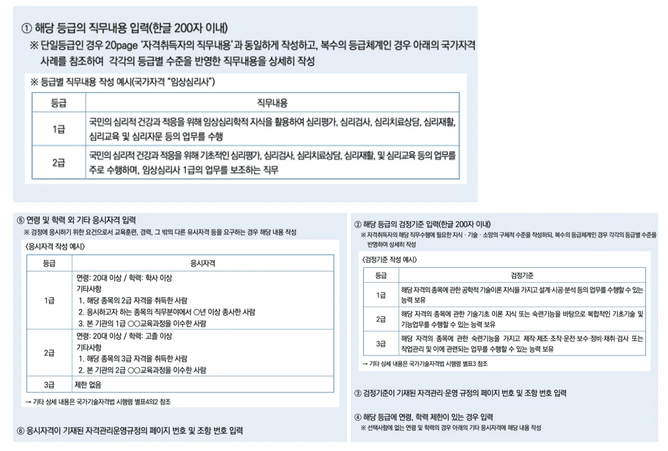 등급별 세부 정보 입력 항목 상세 화면