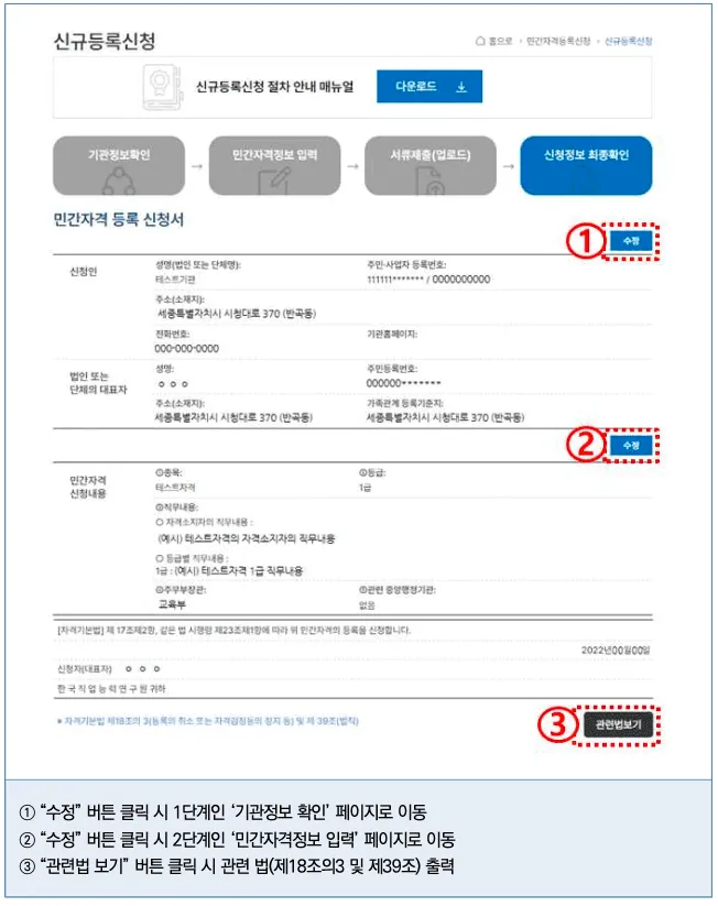 입력한 최종 정보를 확인하고 수정하는 화면