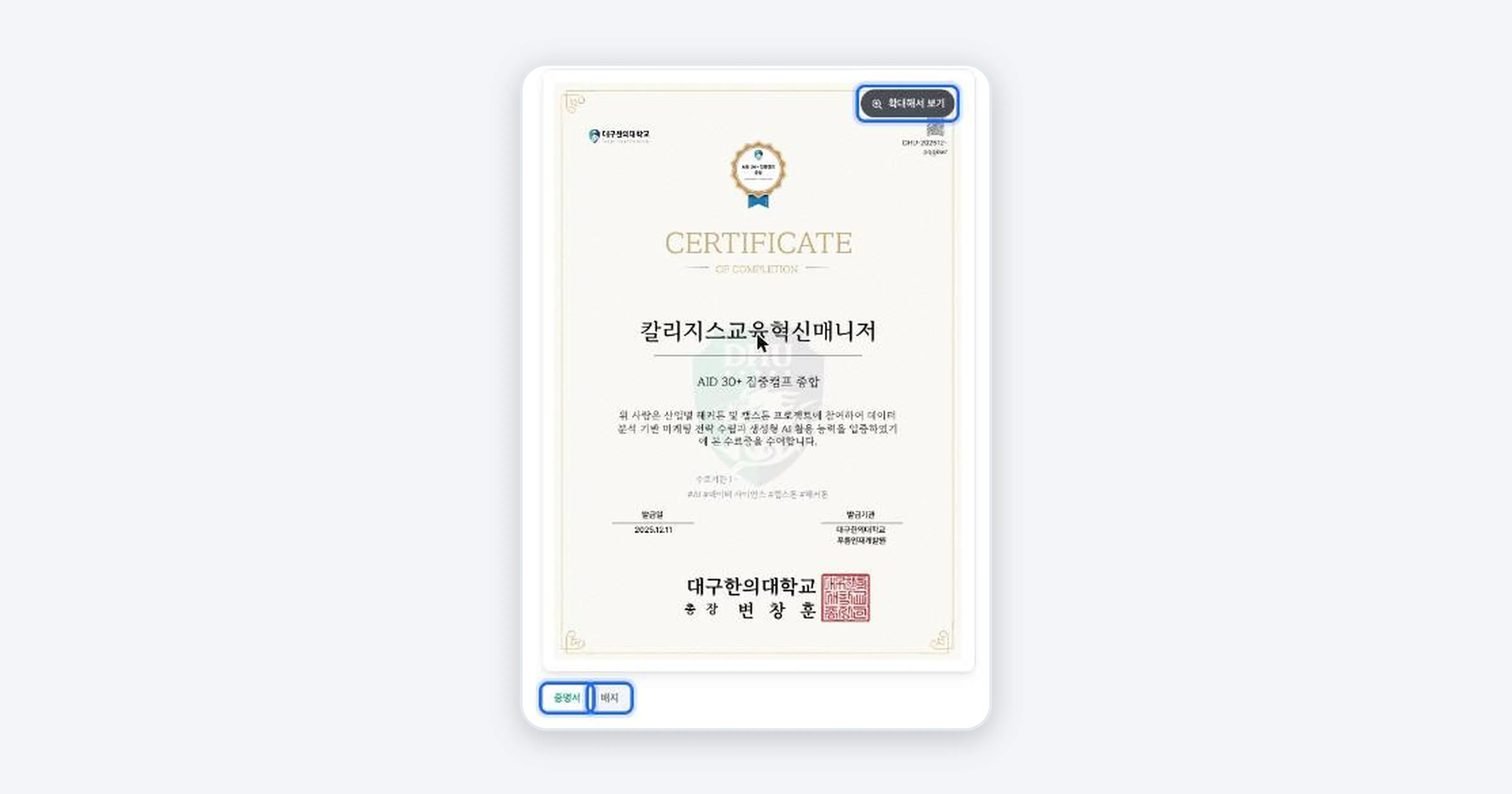 Figure 3. The certificate/badge switch tabs at the bottom left of the certificate image and the View larger button at the top right are highlighted