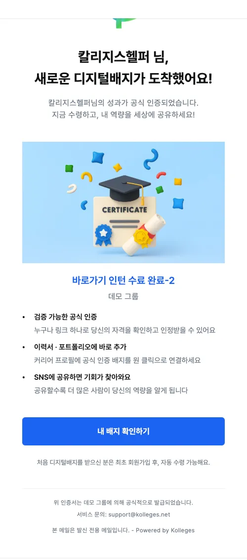 Figure 1. The issuance notice email. A blue Receive button is highlighted below the certificate card